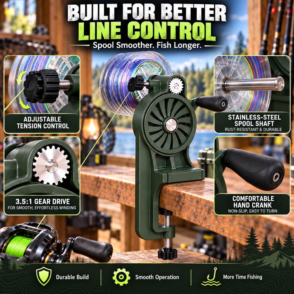 Fishing line spooler tension shaft gear and crank features
