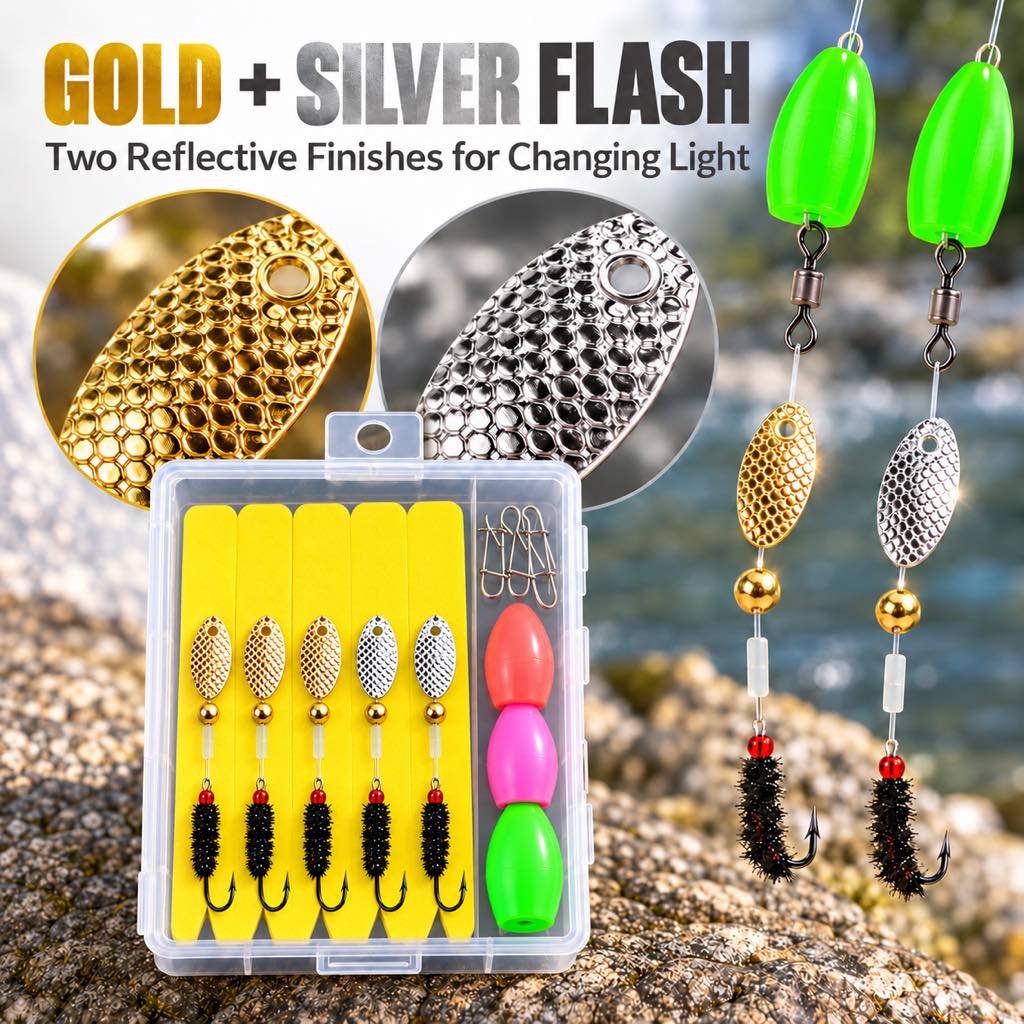 Three gold and two silver spin fly rigs per box