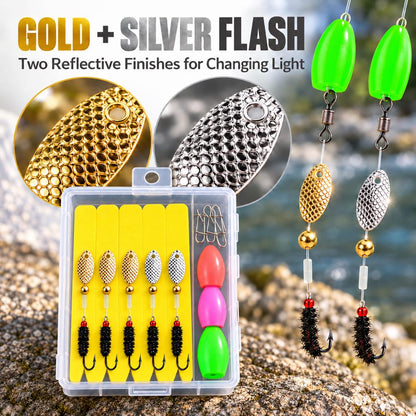 Three gold and two silver spin fly rigs per box