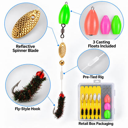 Pre-tied spin fly rig components and retail box