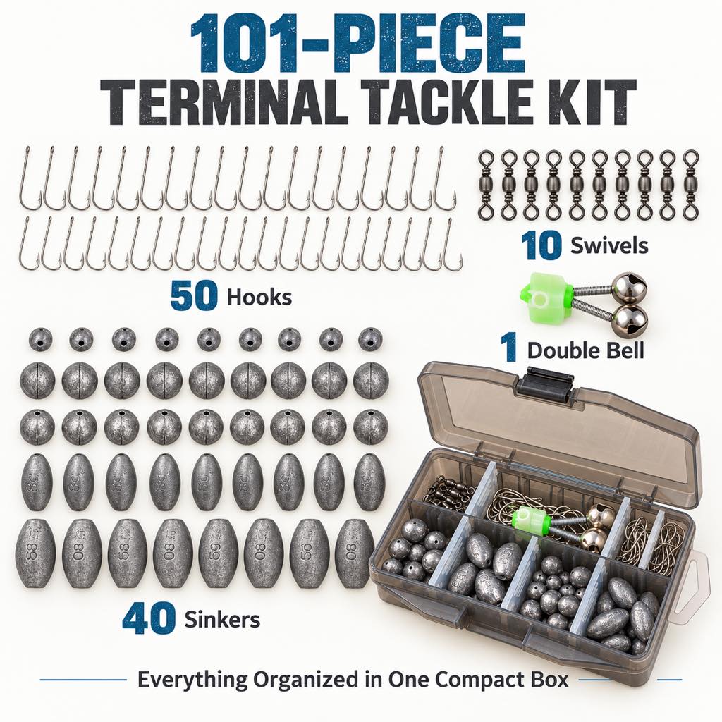 101-piece kit with hooks sinkers swivels and double bell