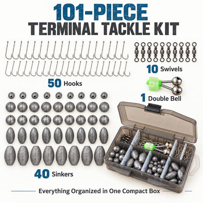 101-piece kit with hooks sinkers swivels and double bell