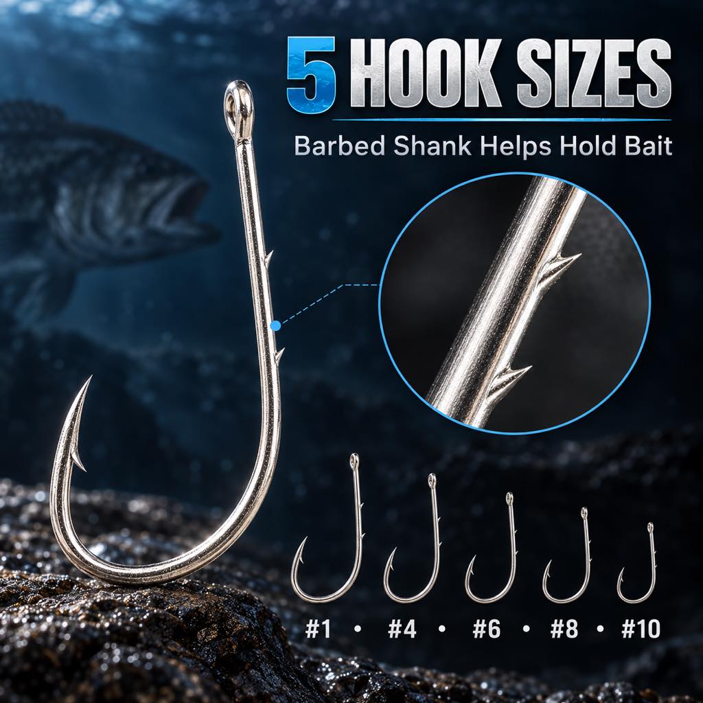 Five baitholder hook sizes included in tackle kit