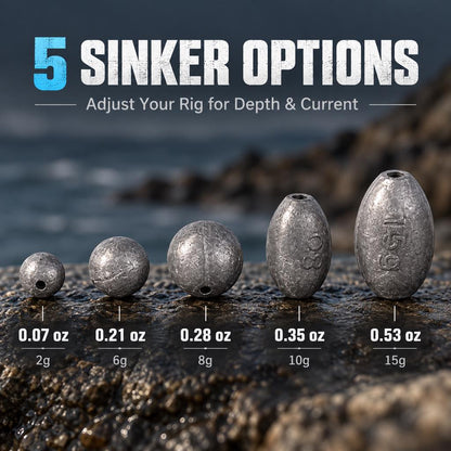 Five fishing sinker weight options