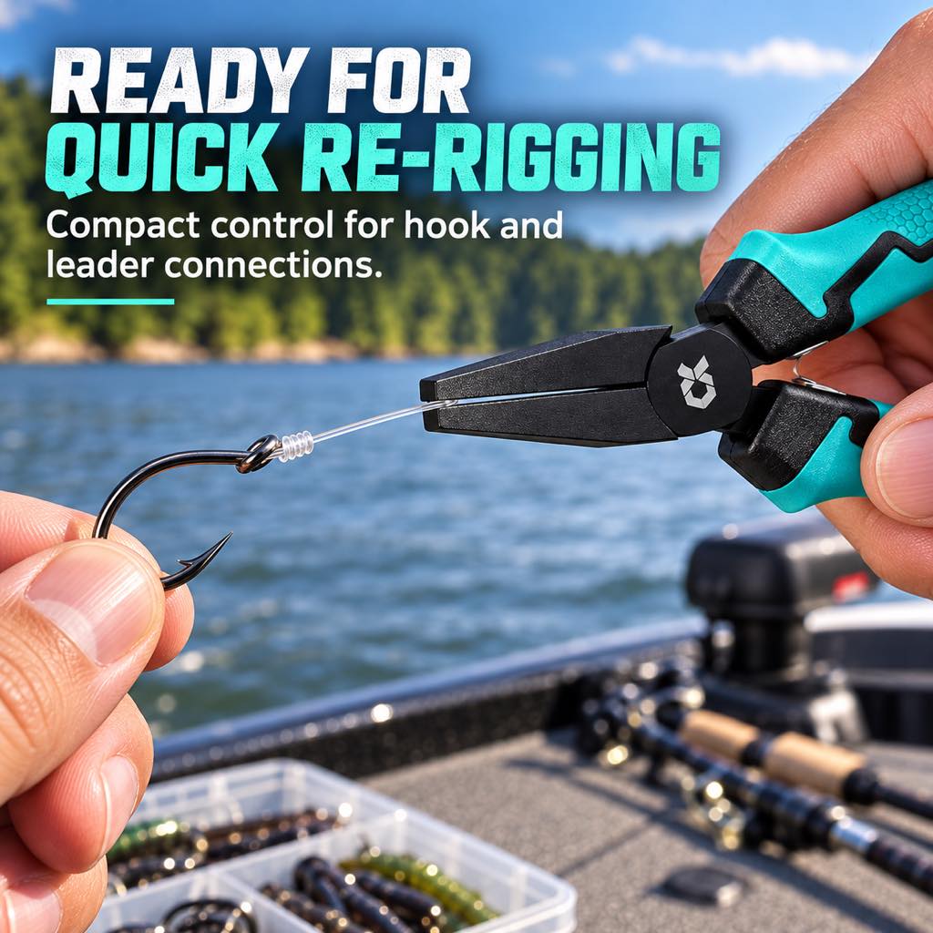 Compact pliers for quick hook and leader re-rigging