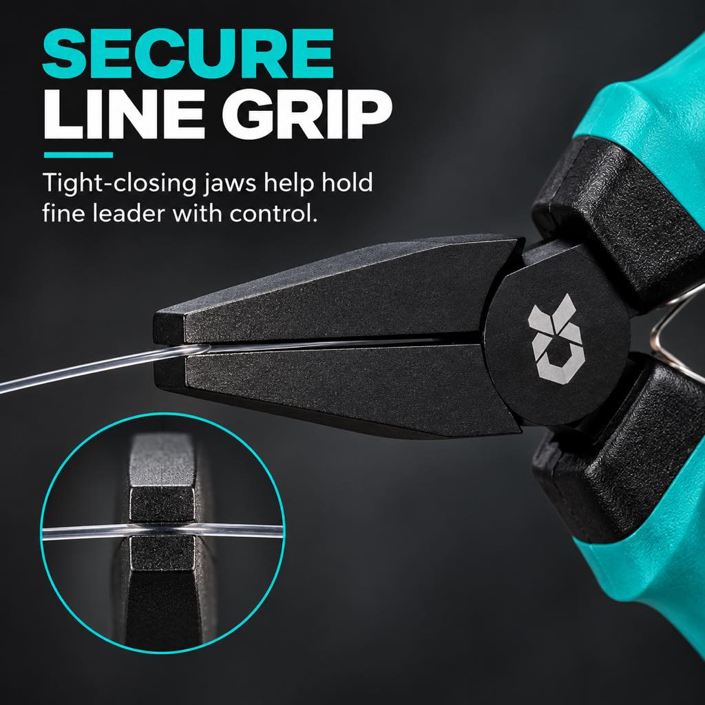 Tight-closing plier jaws gripping fine leader line