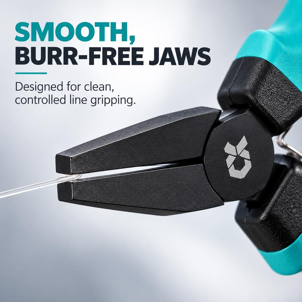 Smooth flat jaws for controlled fishing line grip