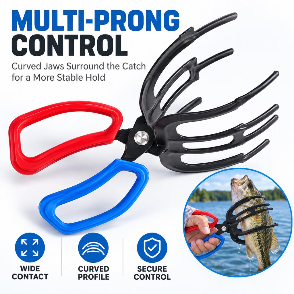 Curved multi-prong fish gripper jaw design