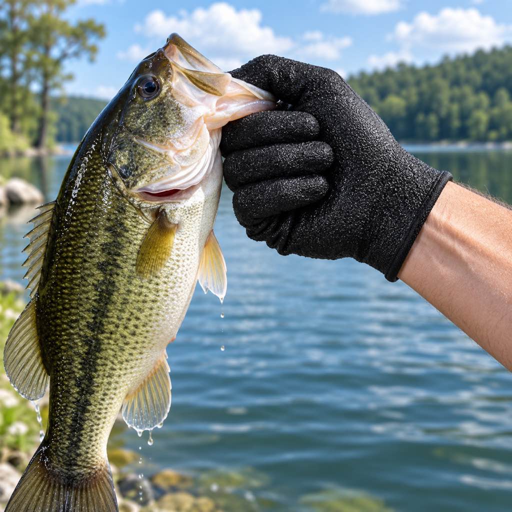 Magnetic non-slip fishing glove holding a bass
