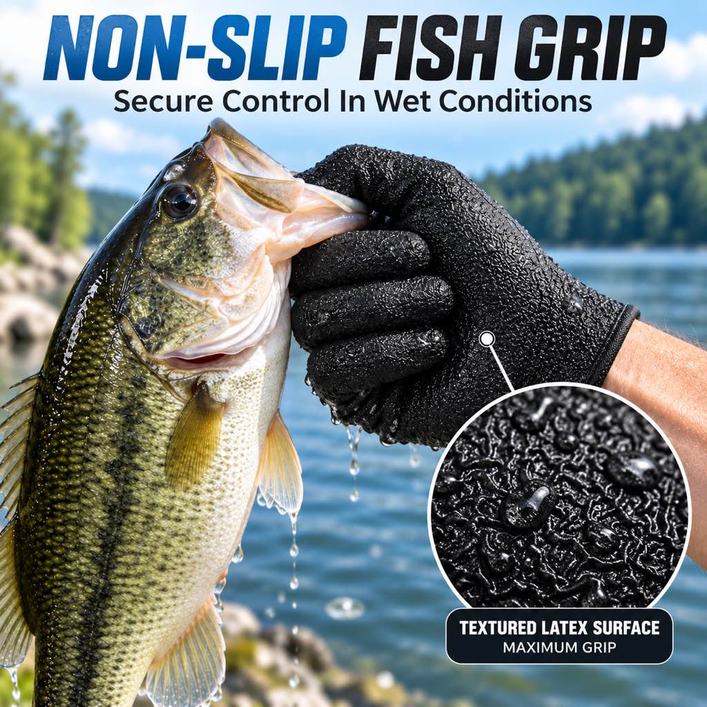 Non-slip fishing glove textured latex wet grip