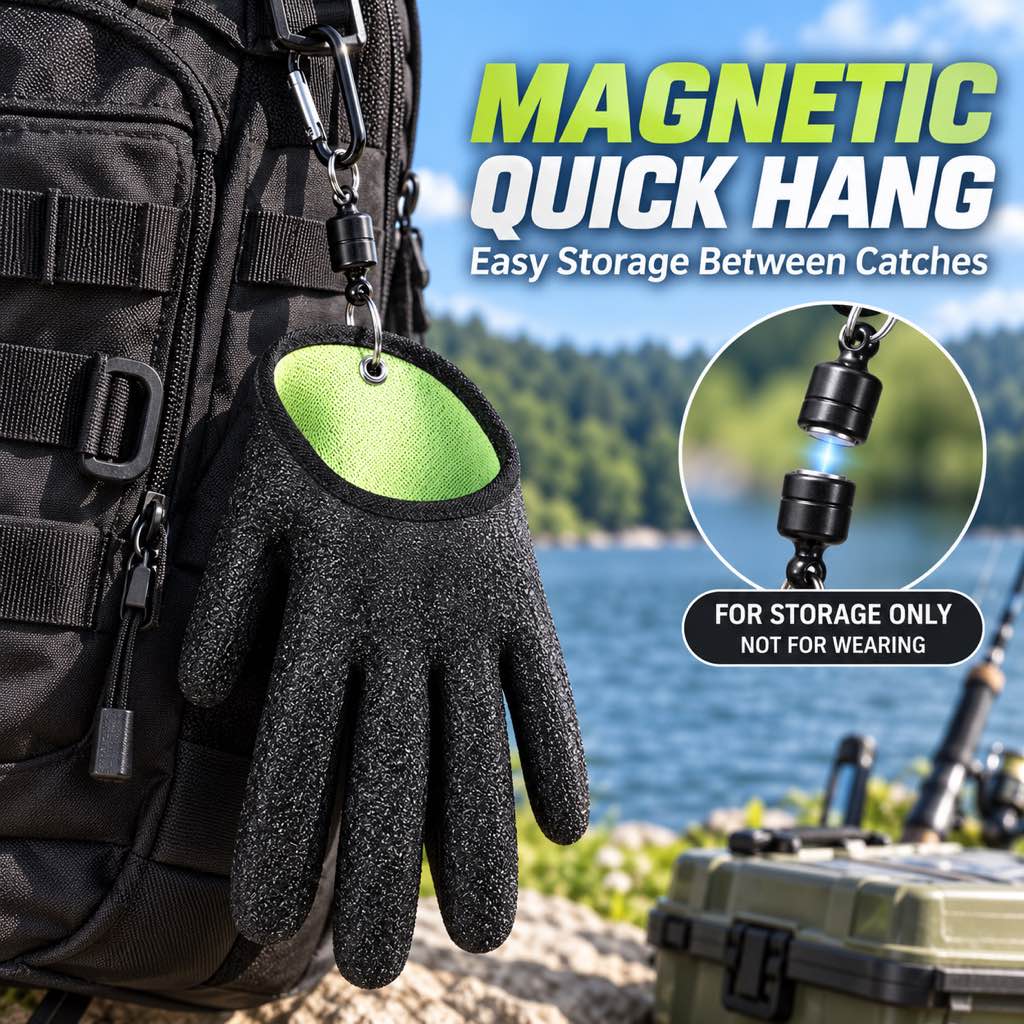 Fishing glove magnetic quick-hang storage attachment
