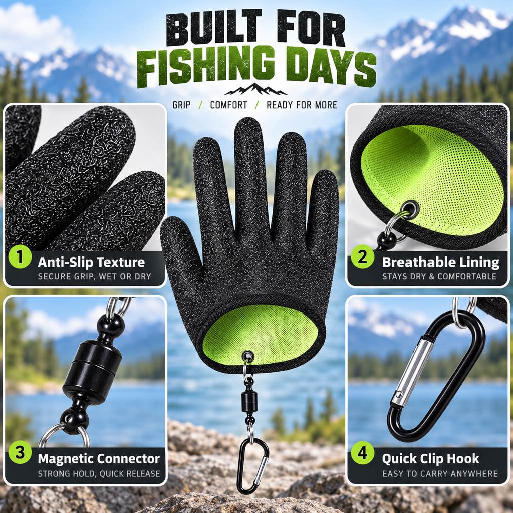 Magnetic fishing glove anti-slip texture and key features