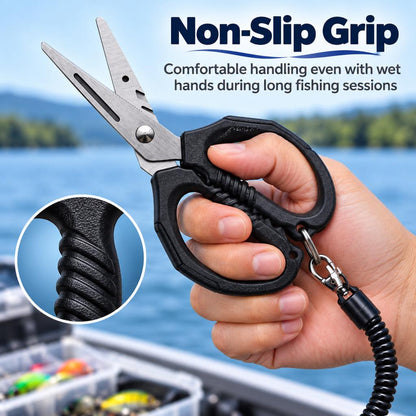 Coiled anti-loss lanyard and fishing scissors