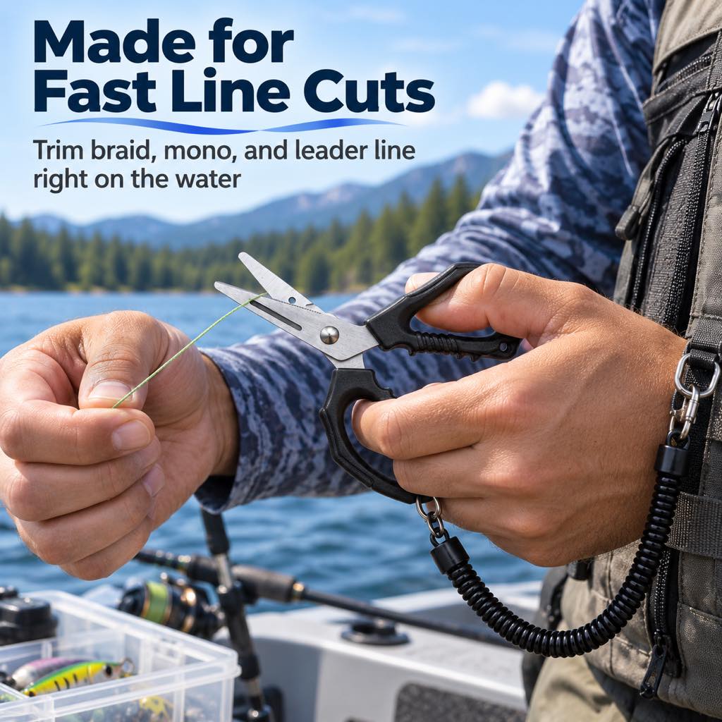 Compact fishing scissors for shore kayak and boat fishing