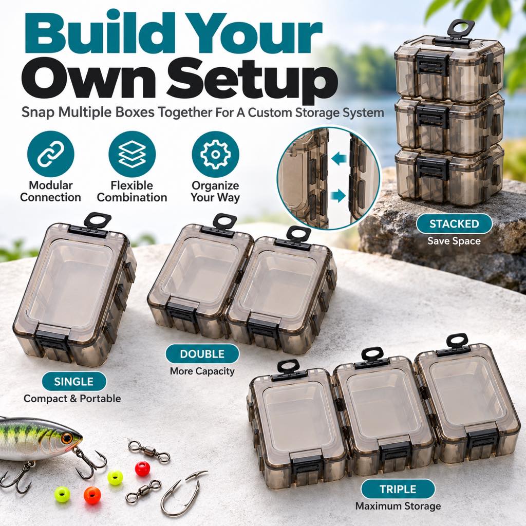 Modular mini fishing tackle boxes connected together