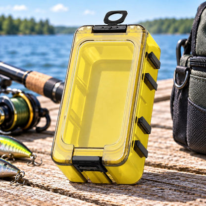 Angler using magnetic micro tackle organizer by the lake