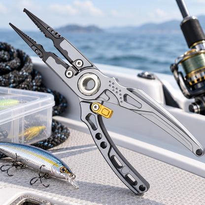 Fishing pliers detail features including cutter jaws and lock