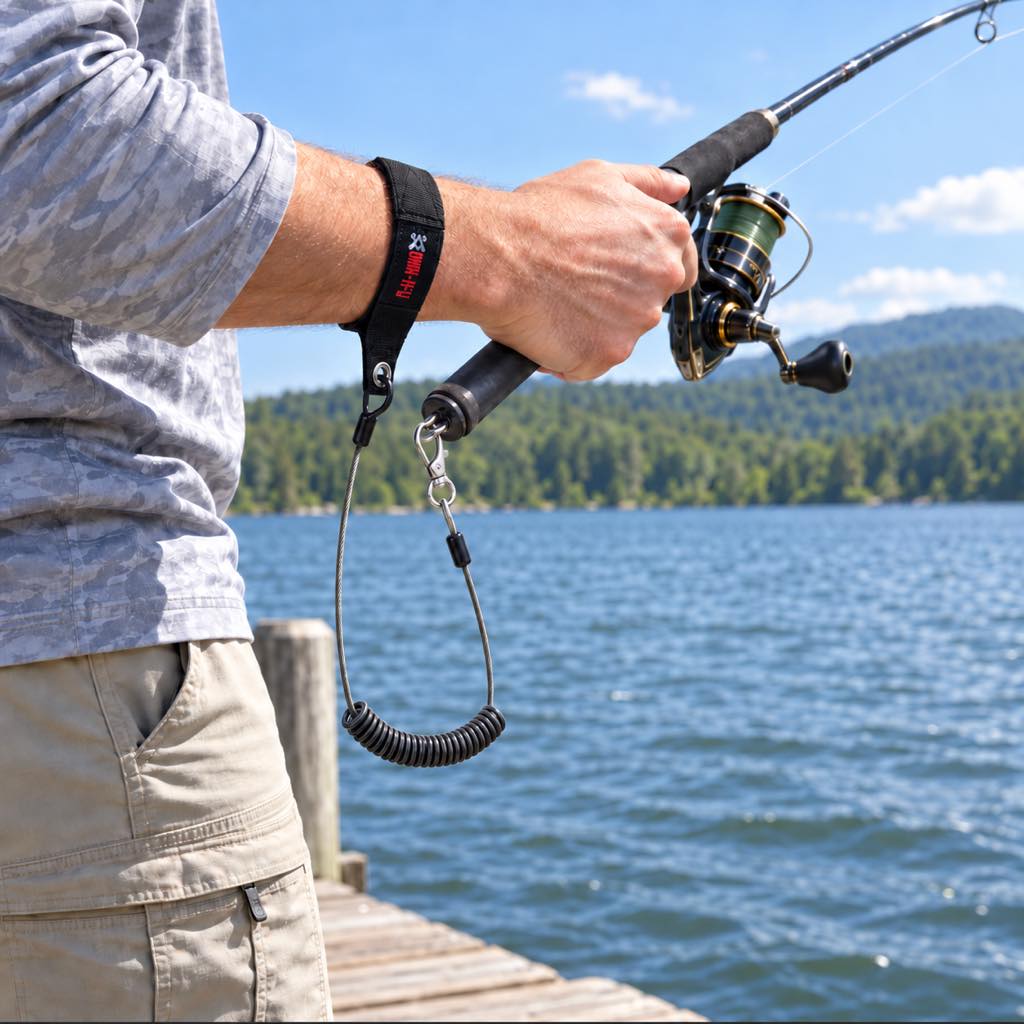 Coiled fishing rod safety lanyard with adjustable wrist strap