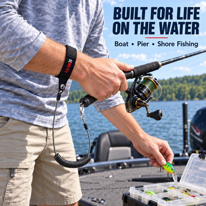 Fishing rod tether for boat pier and shore fishing