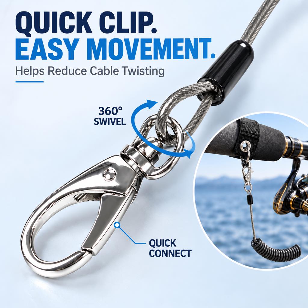 Rod tether 360-degree swivel quick-connect clip