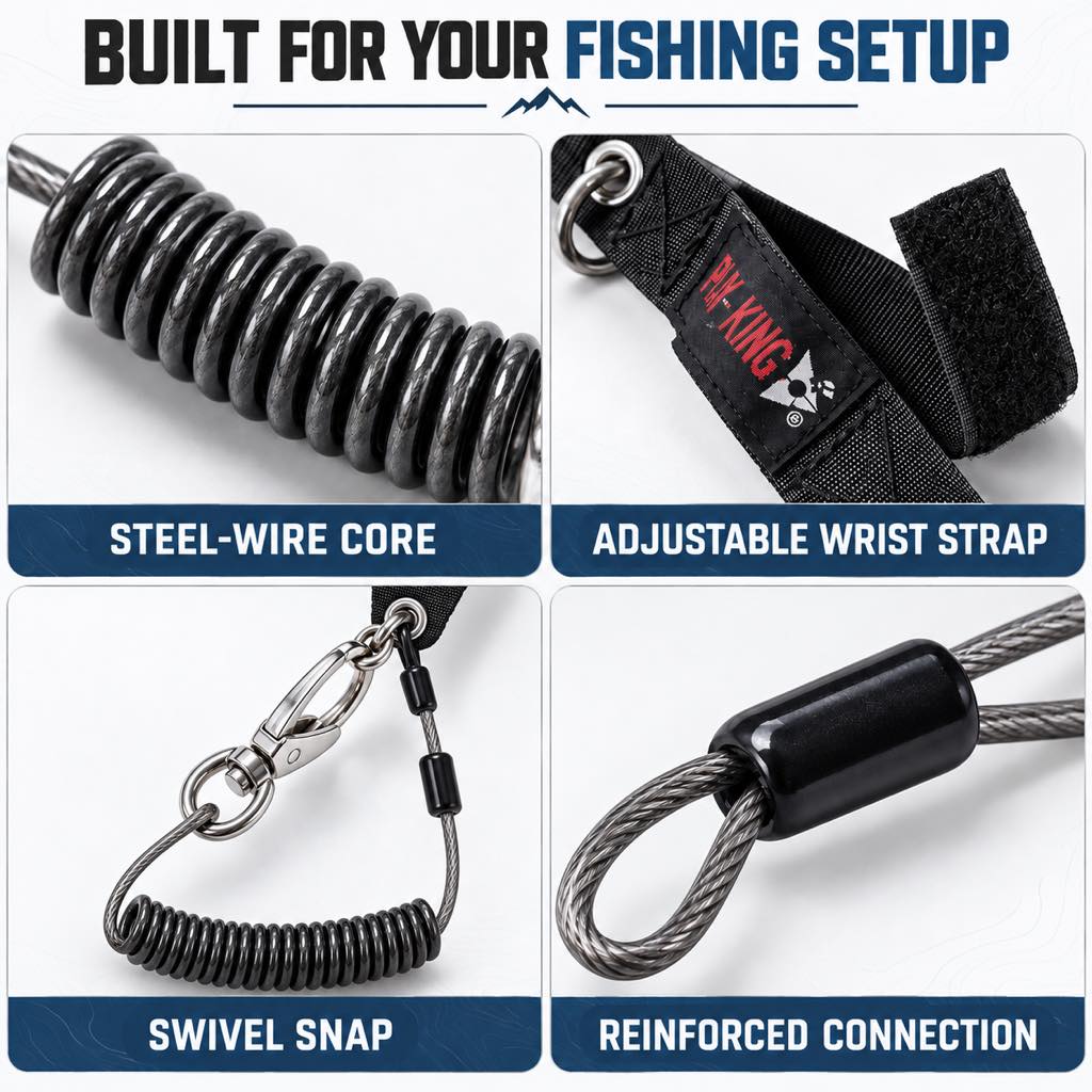Fishing rod safety lanyard construction features