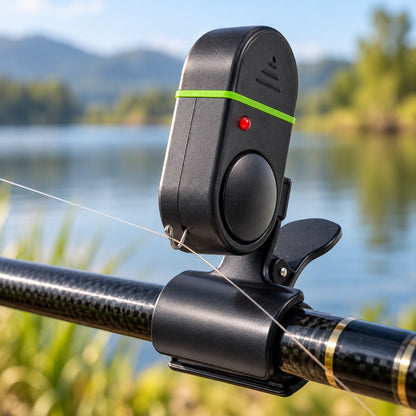 Black green fishing bite alarm SKU image without text