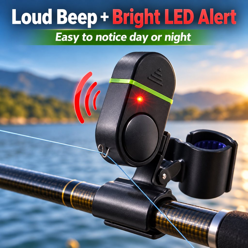 Fishing bite alarm with loud beep and bright LED alert
