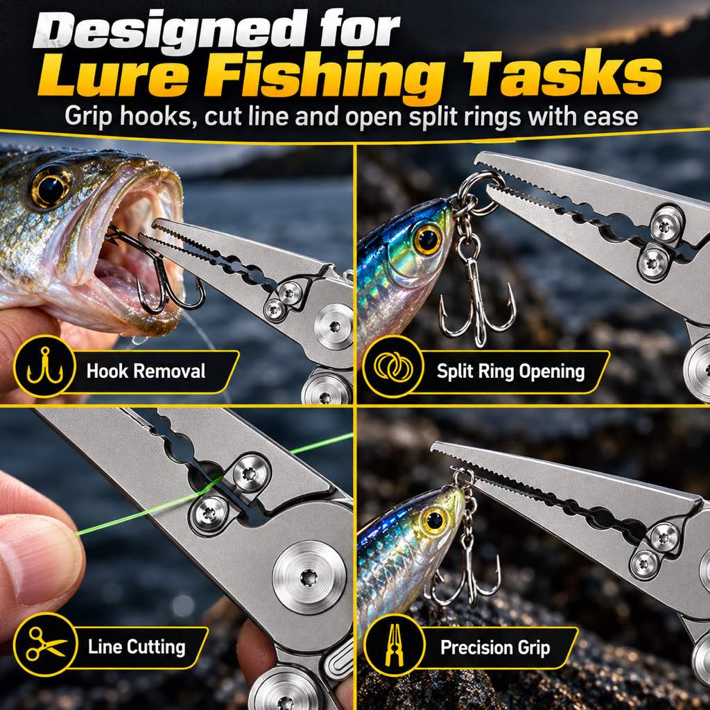 Fishing pliers hook removal line cutter and split ring tool