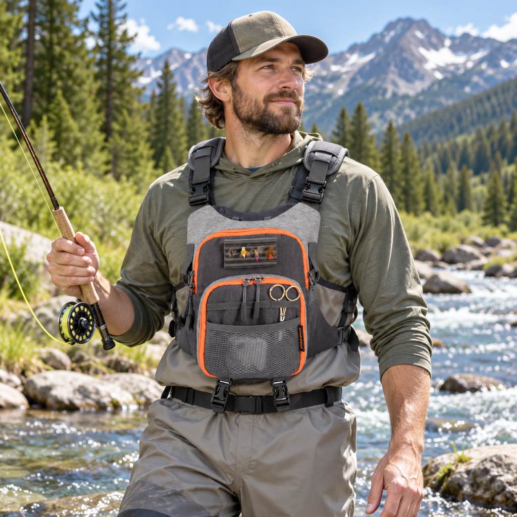 Adjustable gray and orange fly fishing chest pack in use