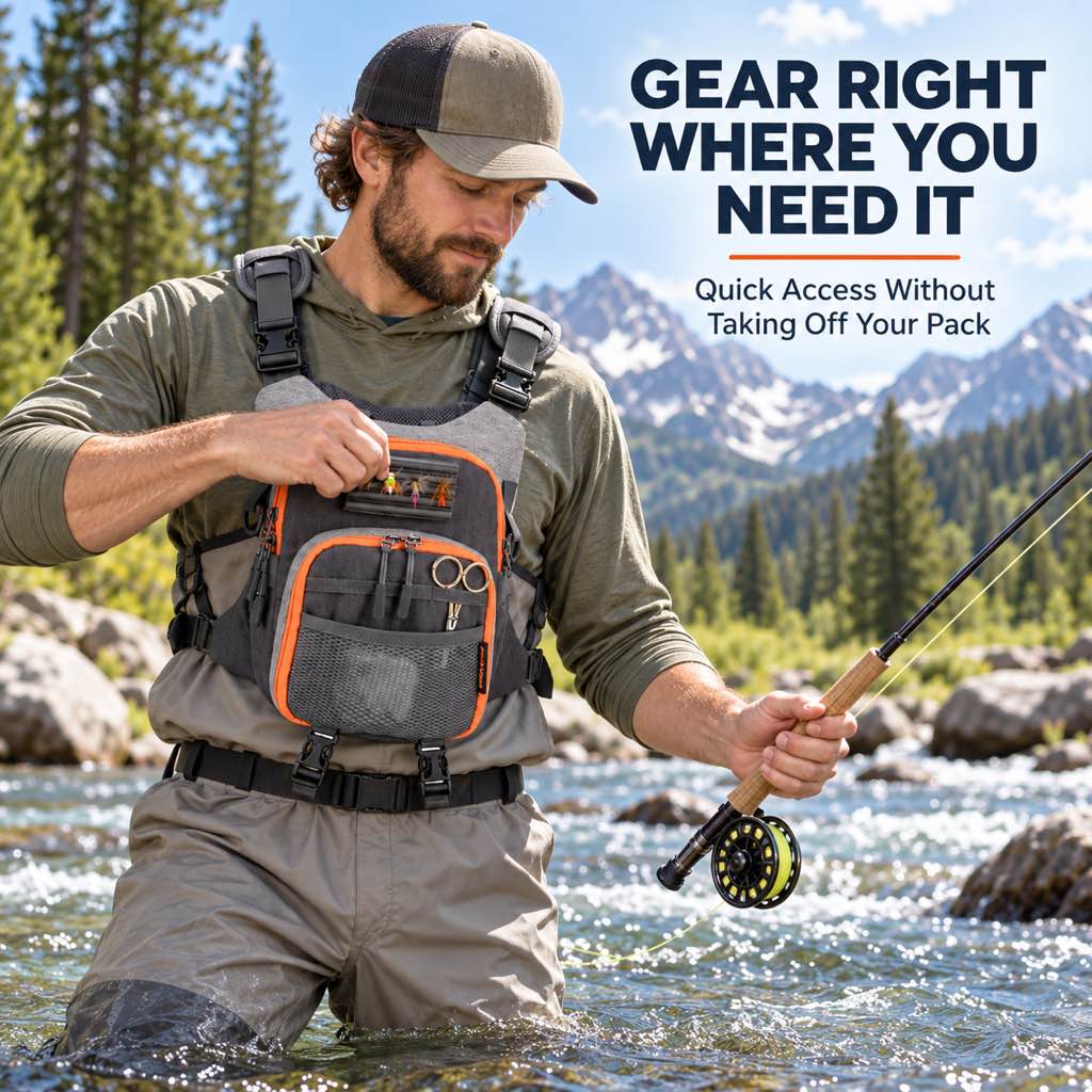 Fly fishing chest pack quick-access storage while wading