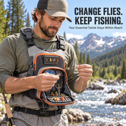 Fly fishing chest pack removable fly patch and tackle access