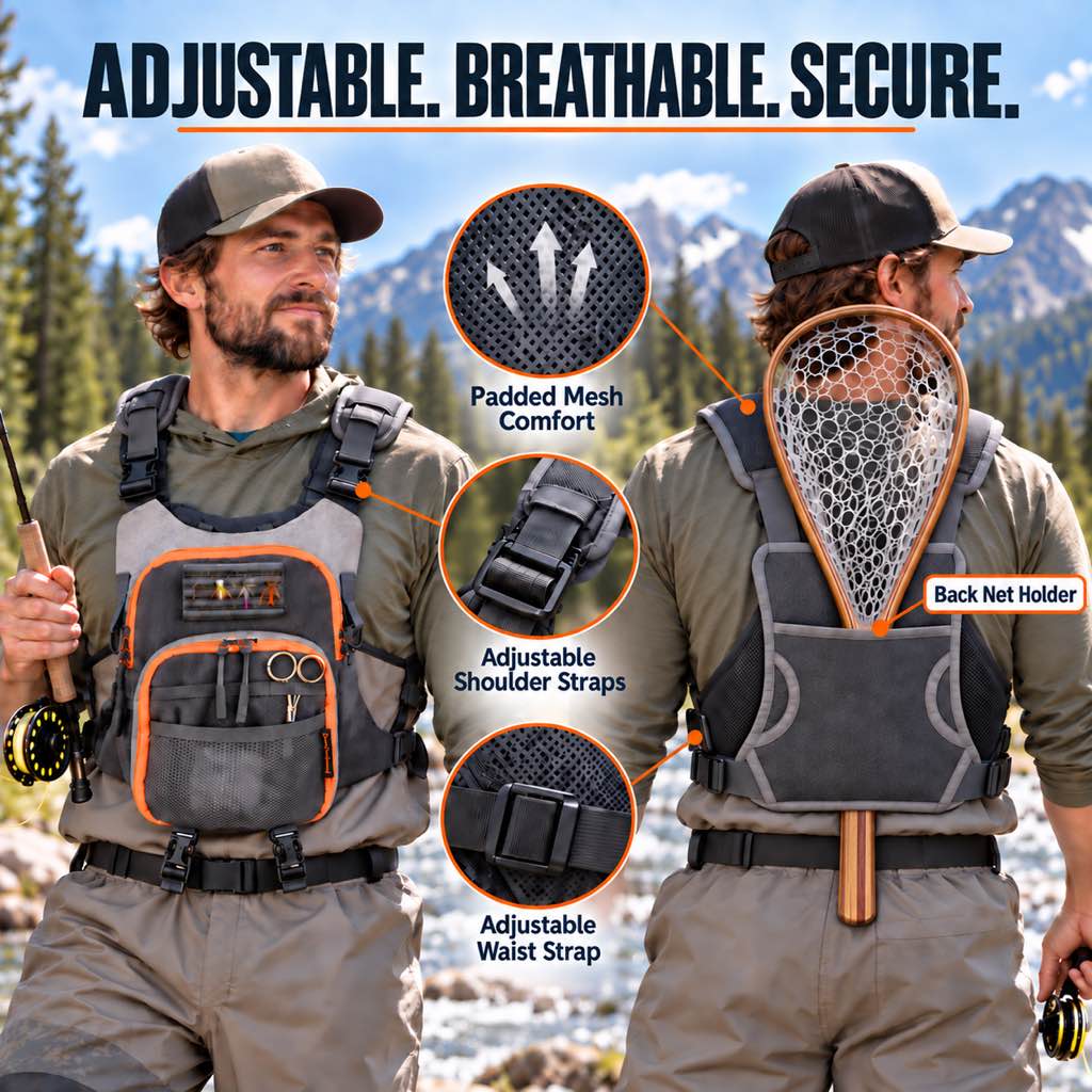 Adjustable breathable fly fishing chest pack with rear net holder