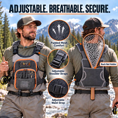 Adjustable breathable fly fishing chest pack with rear net holder