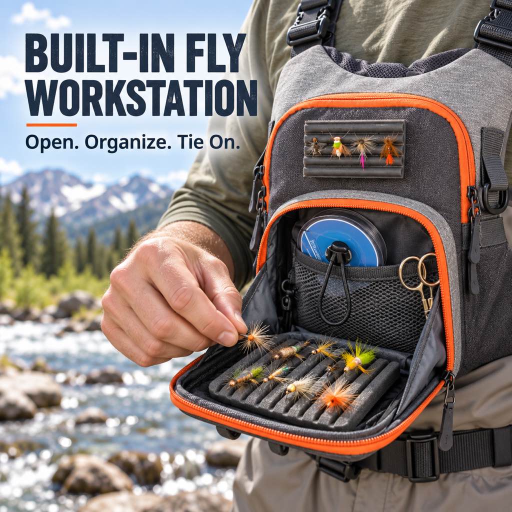 Built-in fly workstation and organized tackle compartment
