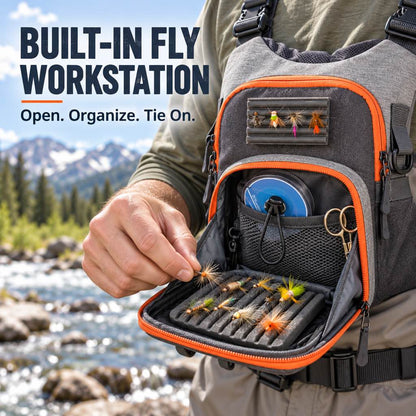 Built-in fly workstation and organized tackle compartment