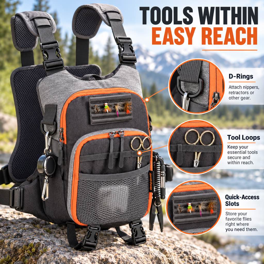 Fishing chest pack D-rings tool loops and quick-access slots