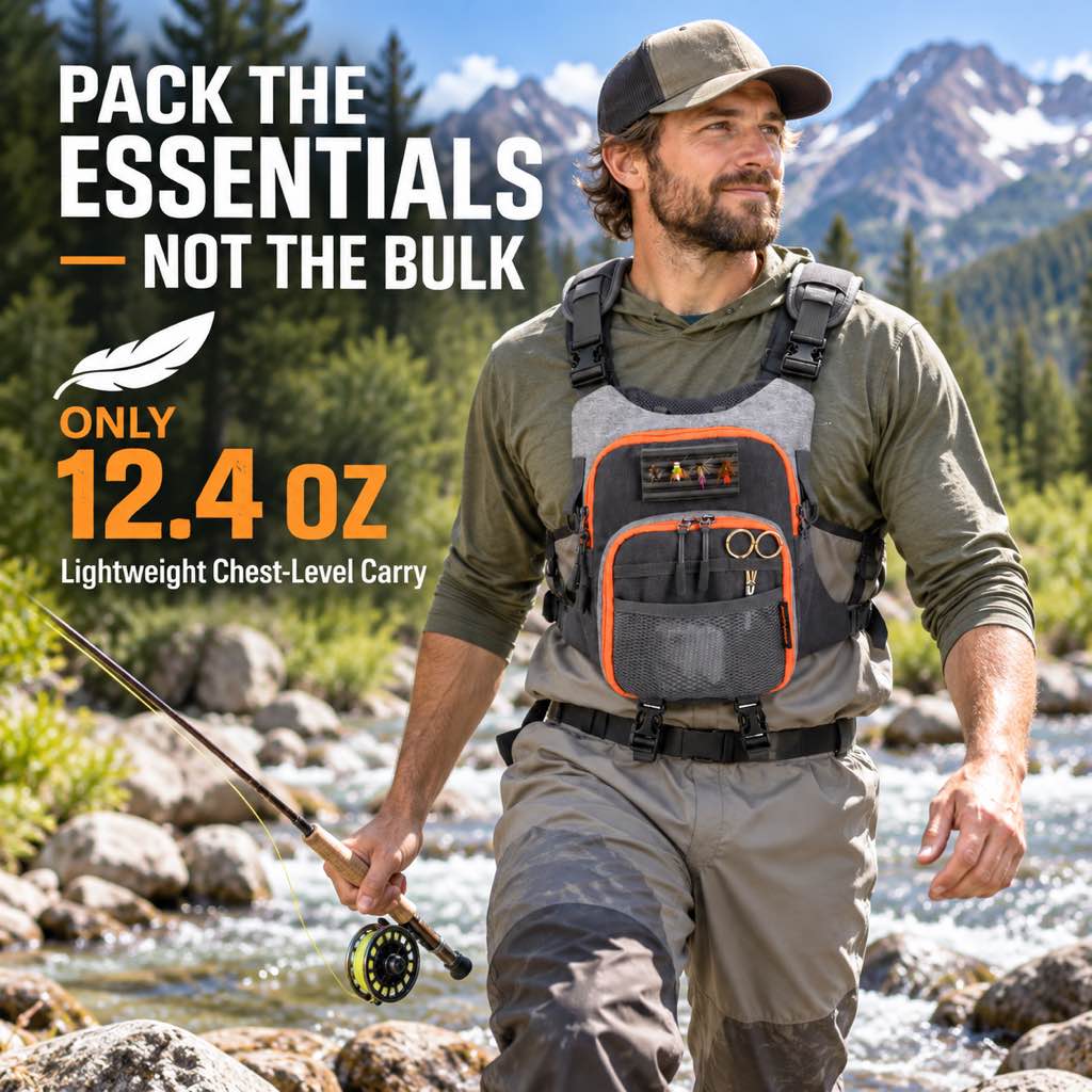 Lightweight 12.4 ounce fly fishing chest pack