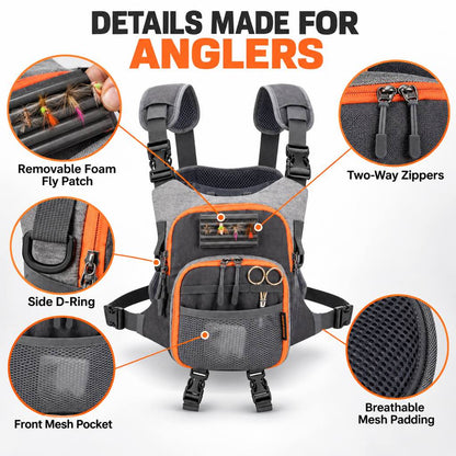 Fly fishing chest pack fly patch zippers D-ring and mesh details