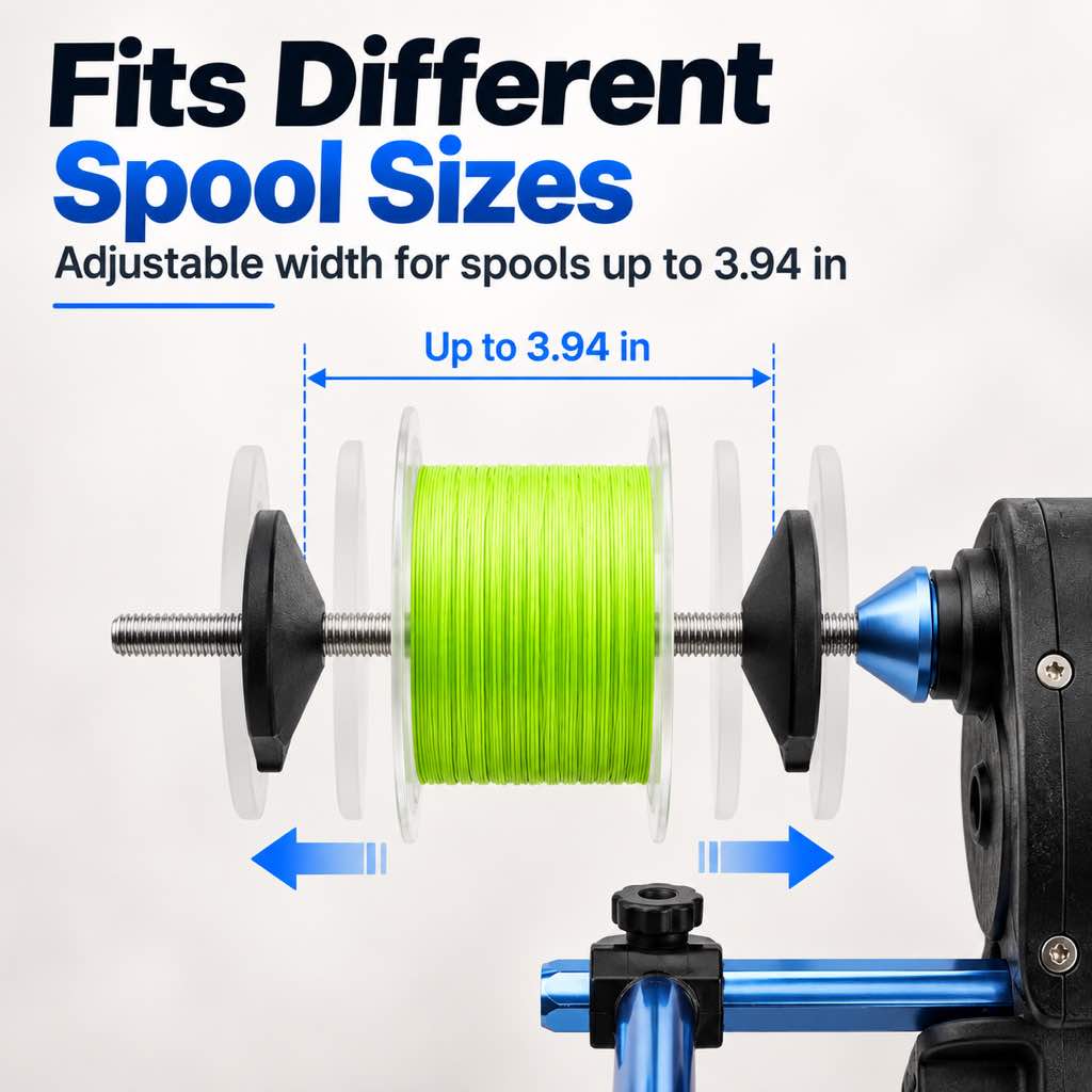 Adjustable fishing line spool width up to 3.94 inches