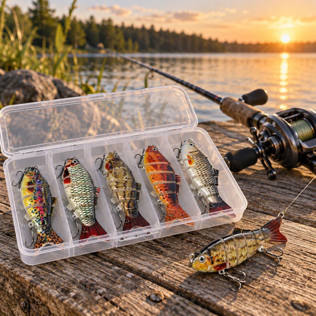 Five assorted 4-inch multi-jointed swimbaits in a clear storage box by the lake