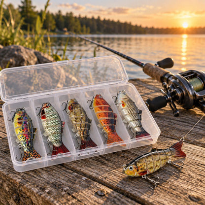 Five assorted 4-inch multi-jointed swimbaits in a clear storage box by the lake