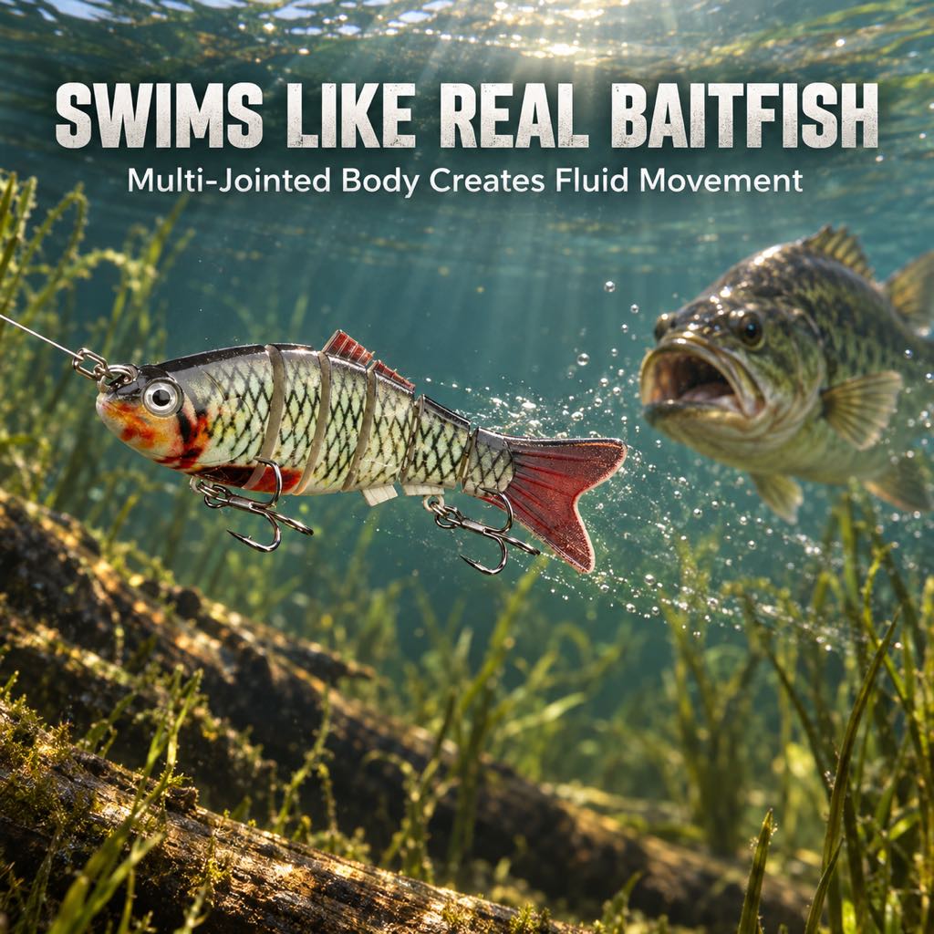 Multi-jointed swimbait creating lifelike baitfish movement underwater