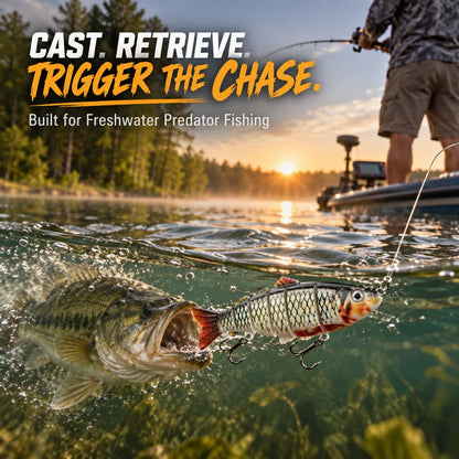 Bass chasing a multi-jointed swimbait during freshwater fishing