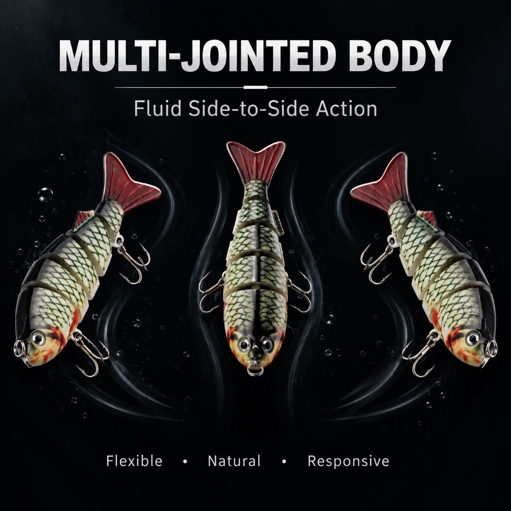 Multi-jointed hard swimbait showing fluid side-to-side action