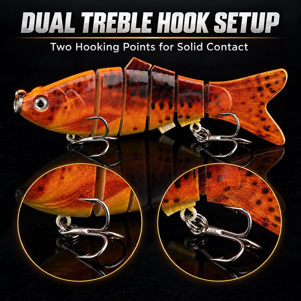 Multi-jointed swimbait with two treble hook positions
