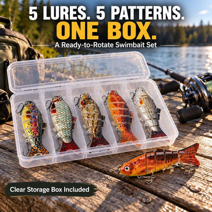 Five lure patterns organized in the included clear storage box
