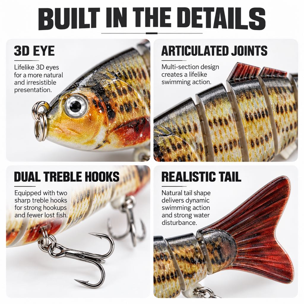 Close-up details of 3D eye articulated joints dual treble hooks and realistic tail