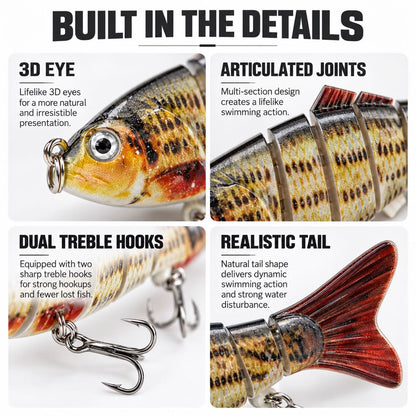 Close-up details of 3D eye articulated joints dual treble hooks and realistic tail