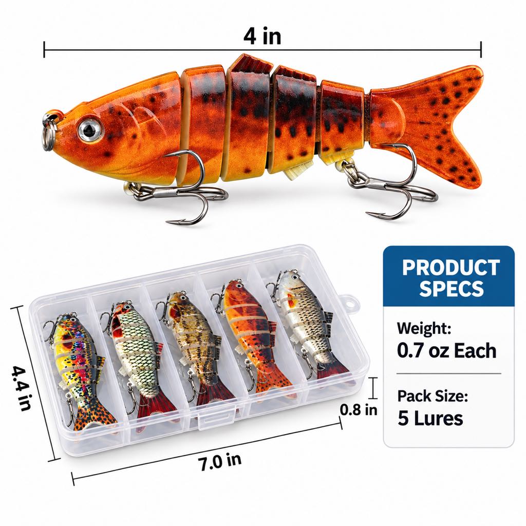 Product specifications showing 4-inch 0.7-ounce swimbaits and five-lure pack