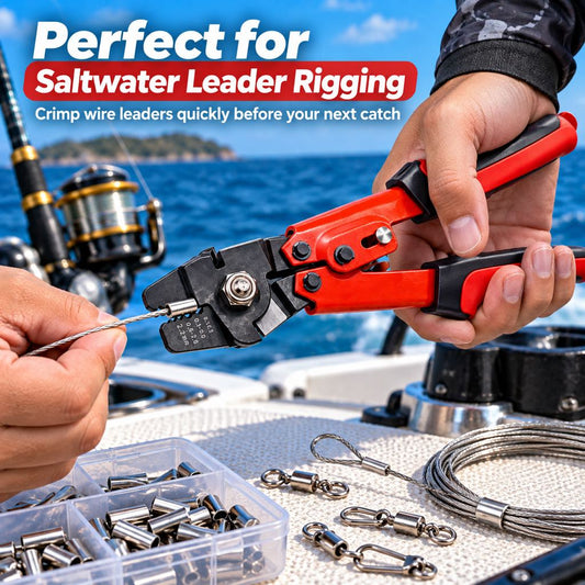 Saltwater fishing crimping pliers used to rig a wire leader